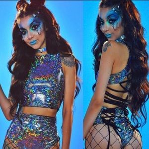 SOLD🚫Rave Crop Top & Shorts Hologram Bikini